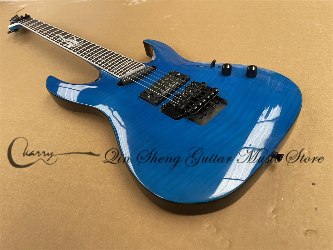 Blue Electric Guitar Flamed Maple Top Maple Neck Though Body Rosewood Fingerboard flame inlaid Tremolo bridge Black tuners