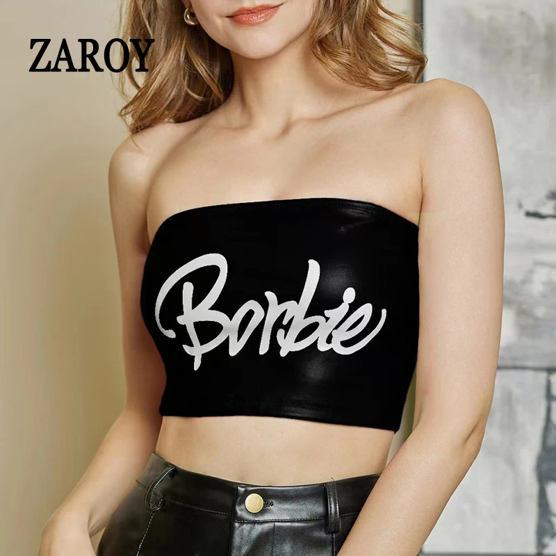 

ZAROY Sexy PU Leather Strapless Tank Top Letter Print Tube Top Spicy Girl Night Club Outfits Y2k Streetwear Super-Short Vest