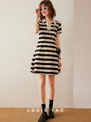 LOUIS YAO Women Dress 2024 Summer Polo Neck Short Sleeve Short Dress Black and White Stripe Embroider A-line Casual Dress Women