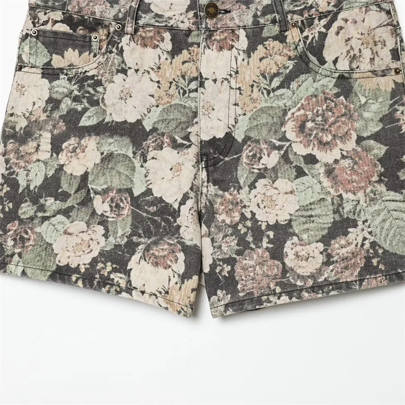 KEYANKETIAN 2026 Vintage Floral High Waist Denim Shorts Straight Fit All-Over Retro Flower Print & Five-Pocket Design Hot Pants