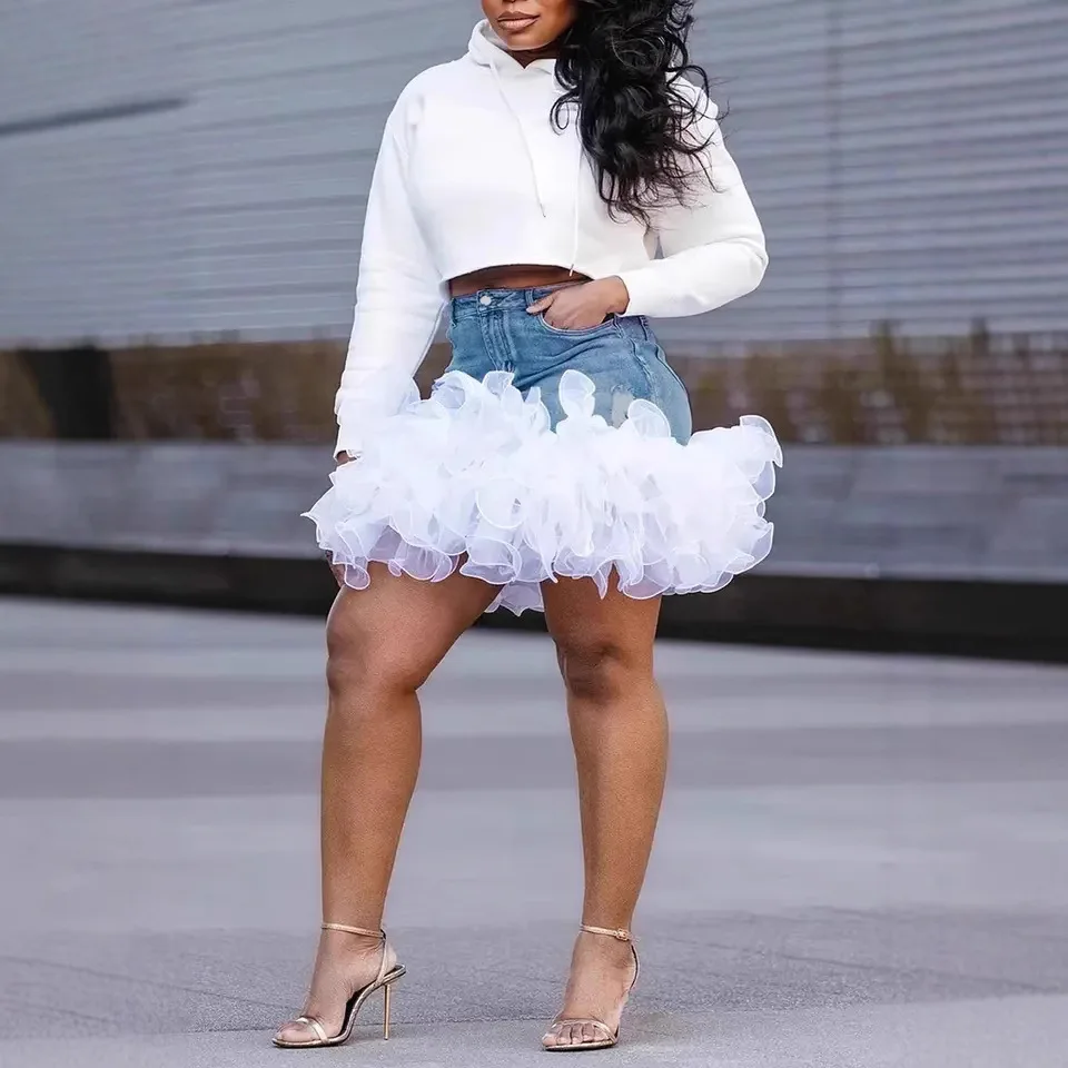 

Denim Skirts Women Mini Skirt Mesh Patchwork Ruffles Sexy Strecth High Waist Pockets Distressed Washed 2025 Y2k Club Streetwear
