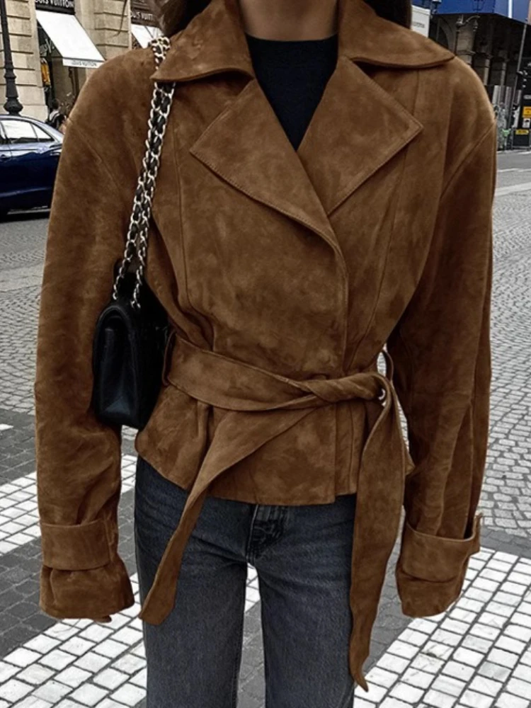 

French Suede Suit Collar Casual Double-breasted Jacket 2025 European American Autumn and Winter Fashion New Matte Fleece Coat