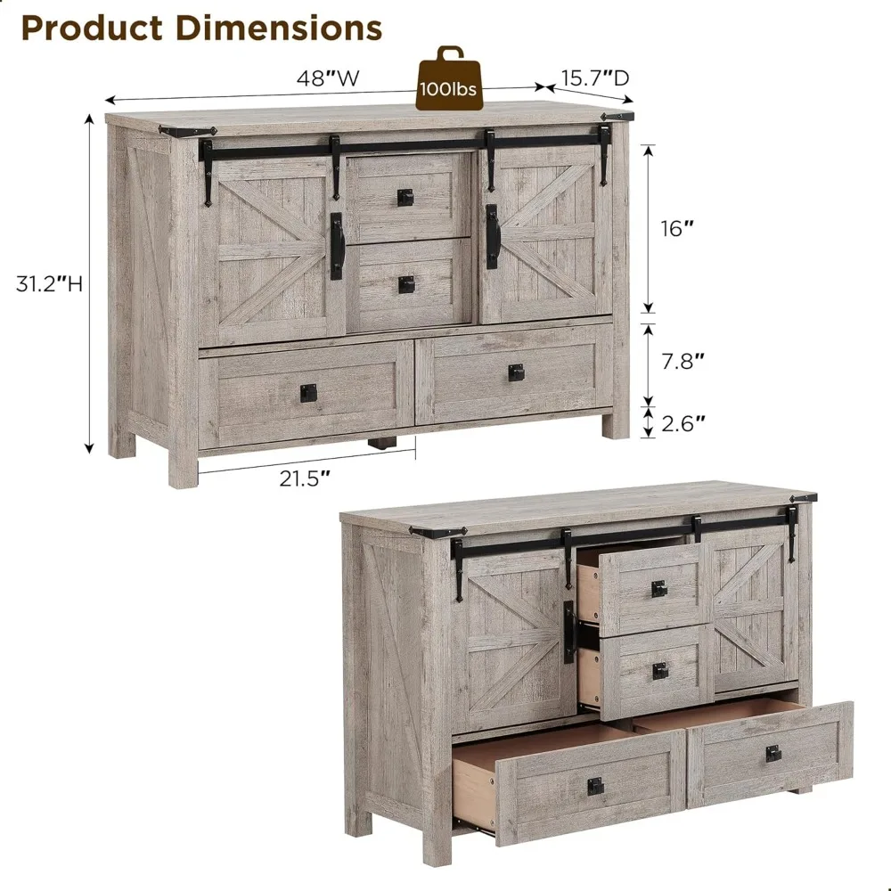 Farmhouse Sideboard Buffet Cabinet with Storage, 31.2'' Tall Kitchen Cabinet with 2 Sliding Barn Doors and 4 Drawers, Rustic Wo