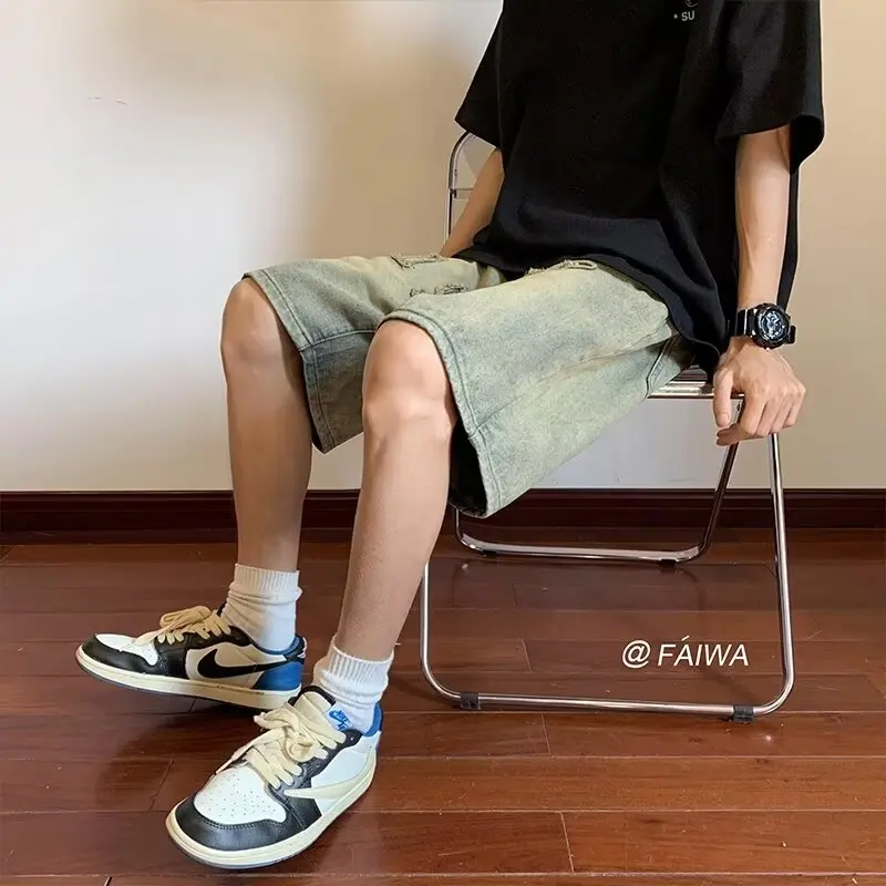 

Summer Loose Washed Vintage Denim Men's Wide Leg Straight Cut Five-Quarter Pants American High Street Trendy Brand Handsome S...