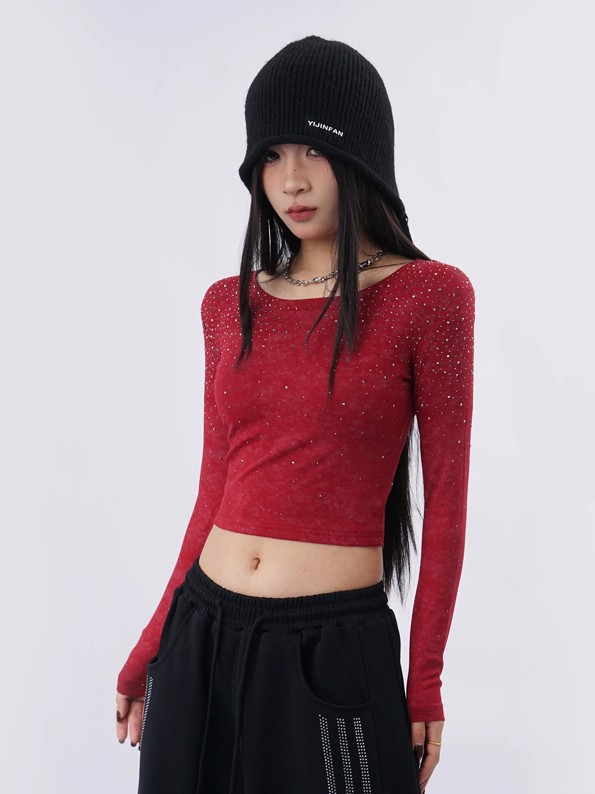 

Red Sequin Long Sve Slim Fit ort T-irt High Waist Inner Wear Jazz Sexy Long Sve Top for New Year's Celebration