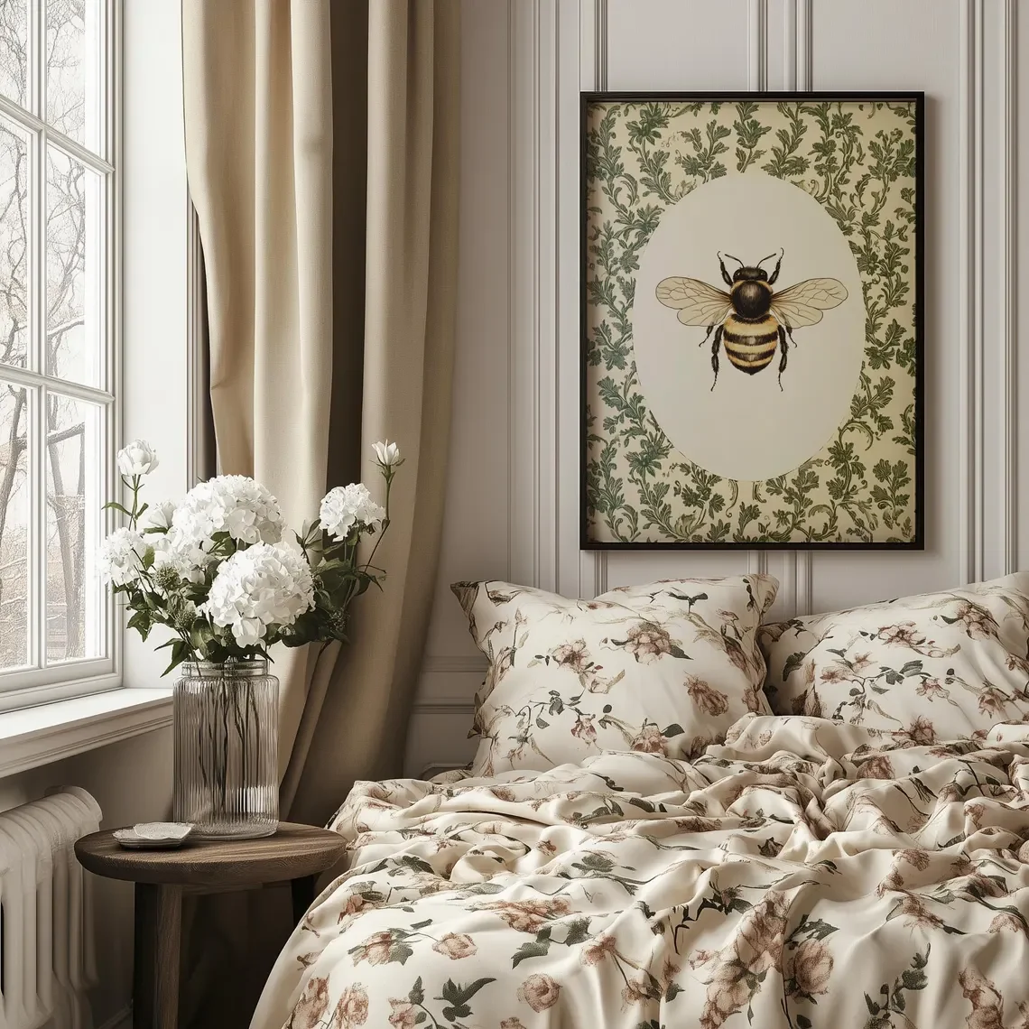 Vintage Bee Wall Art, Cottagecore Floral, Botanical Insect Decor, PRINTED AND SHIPPED, Bumblebee Oval Print, Rustic Garden Art P - view 5
