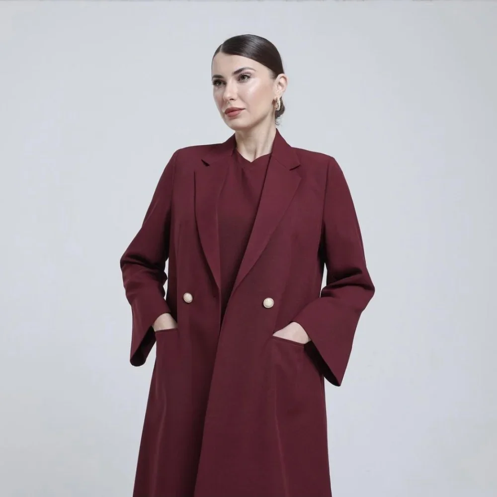 Fashion Solid Abaya Blazer Burgundy Chic Notch Lapel Double Breasted Long Coat Basic Formal Office Daily Casual Women Jacket