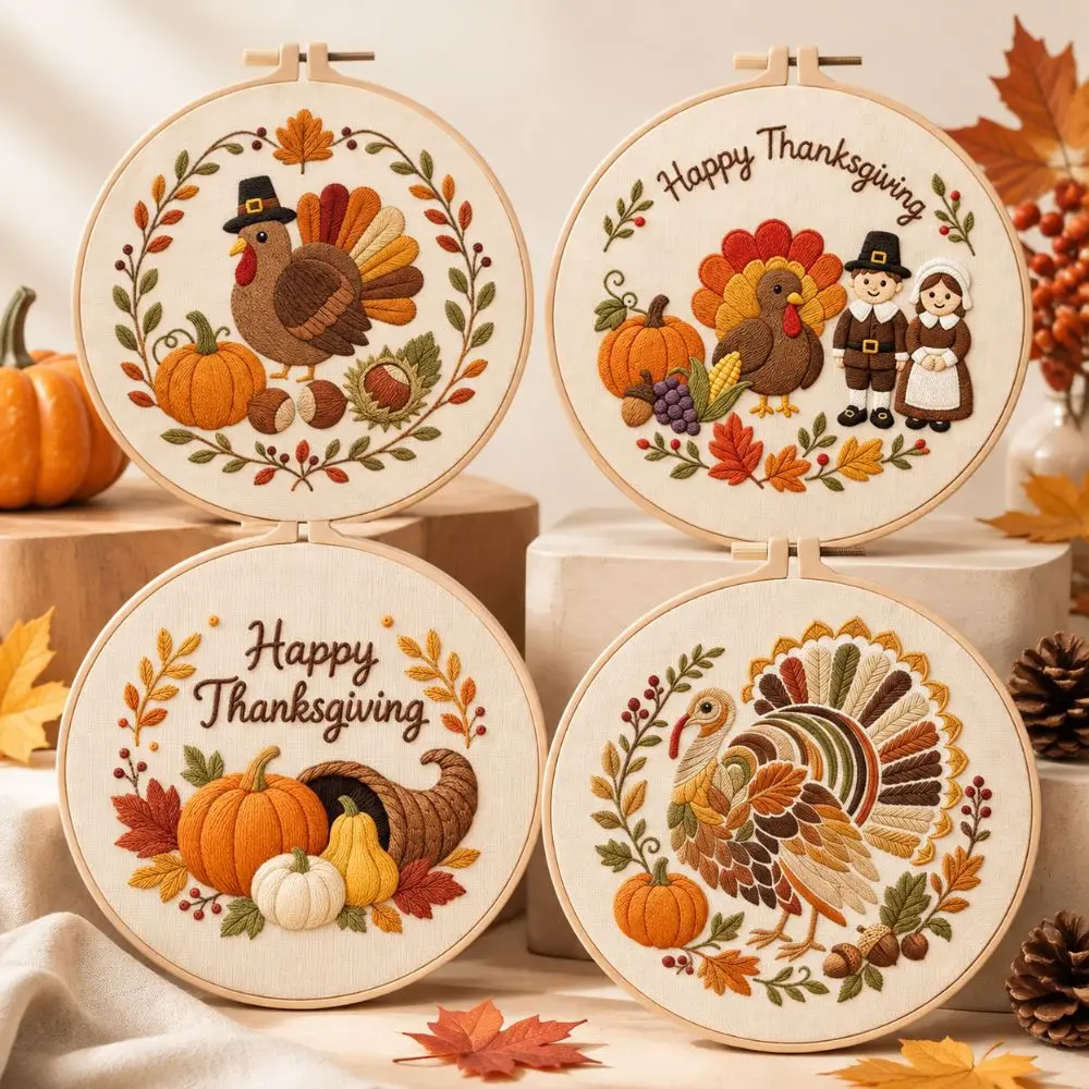 Thread Stamped Cloth Happy Thanksgiving Day Embroidery Kit With EN Instruction DIY Gift DIY Embroidery Material Kit