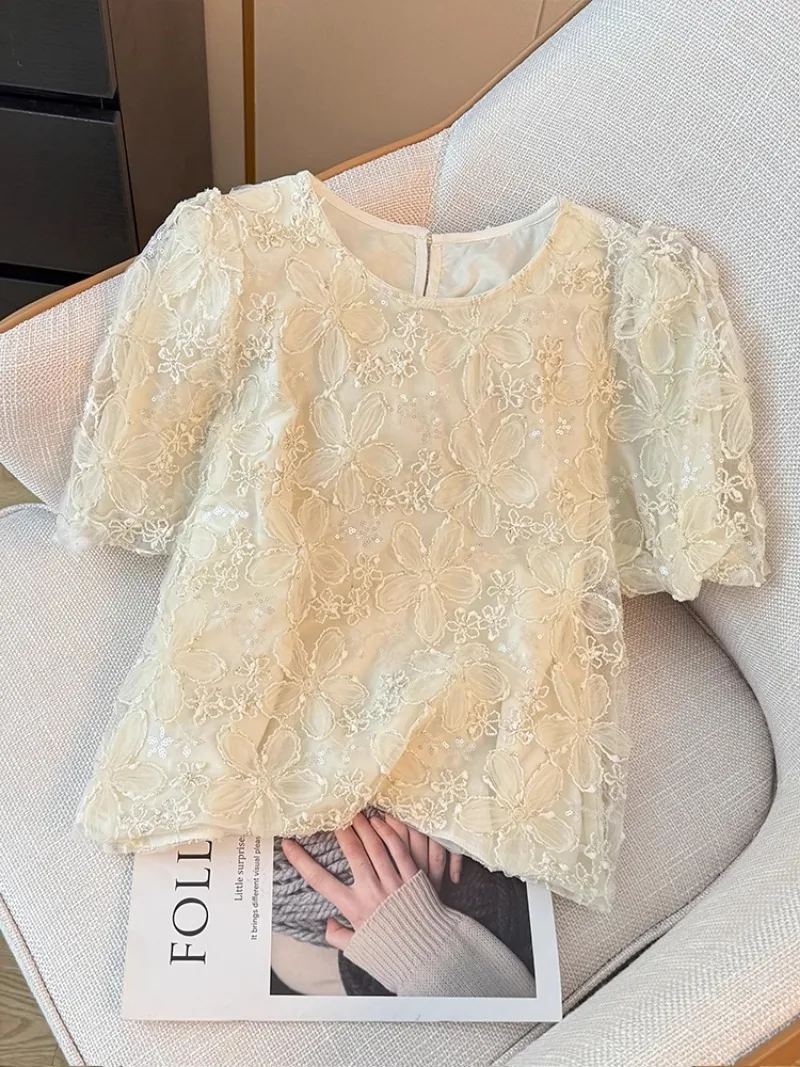 

Vintage Blusas Mujer De Moda 2024 Summer Gentle O Neck Puff Sleeve Women Clothing Crochet Blouses Heavy Sequined Chiffon Shirts