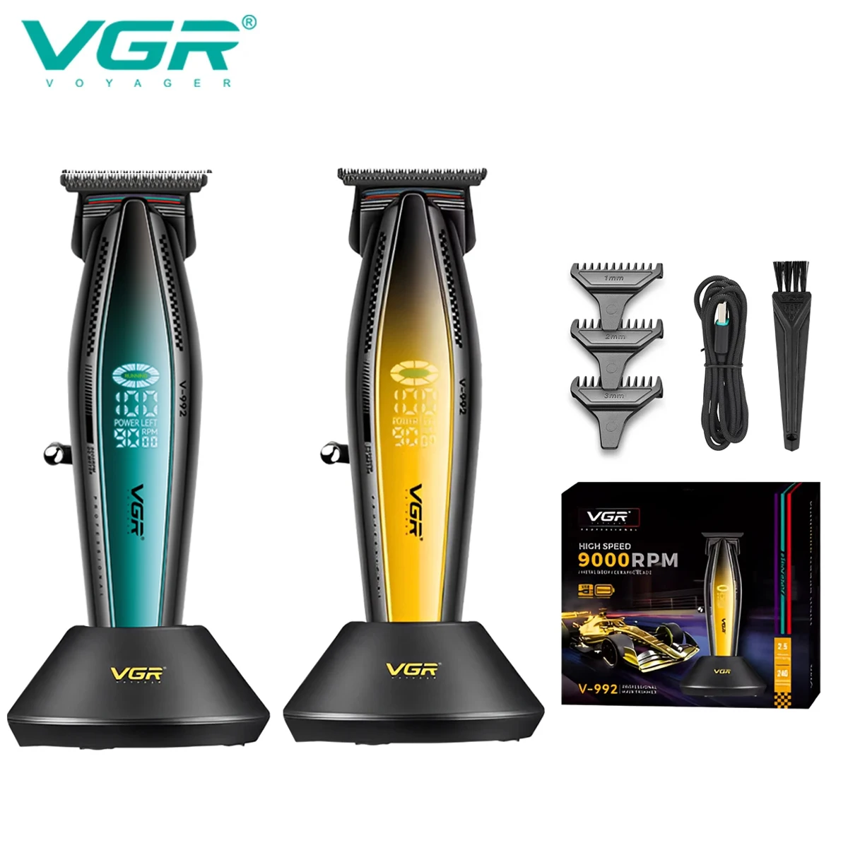 VGR V-992 المهنية الكهربائية دفع القص المعادن ميكا الرياح الجسم الرجال مع قاعدة مقص الشعر LED شاشة ديجيتال النفط رئيس نحت