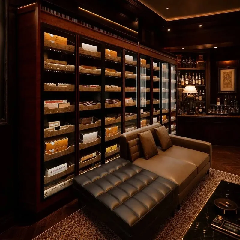 custom.Luxury Private Cigar Room Furniture Wooden Glass Cigar Humidor Cabinet Whiskey Bar Counter