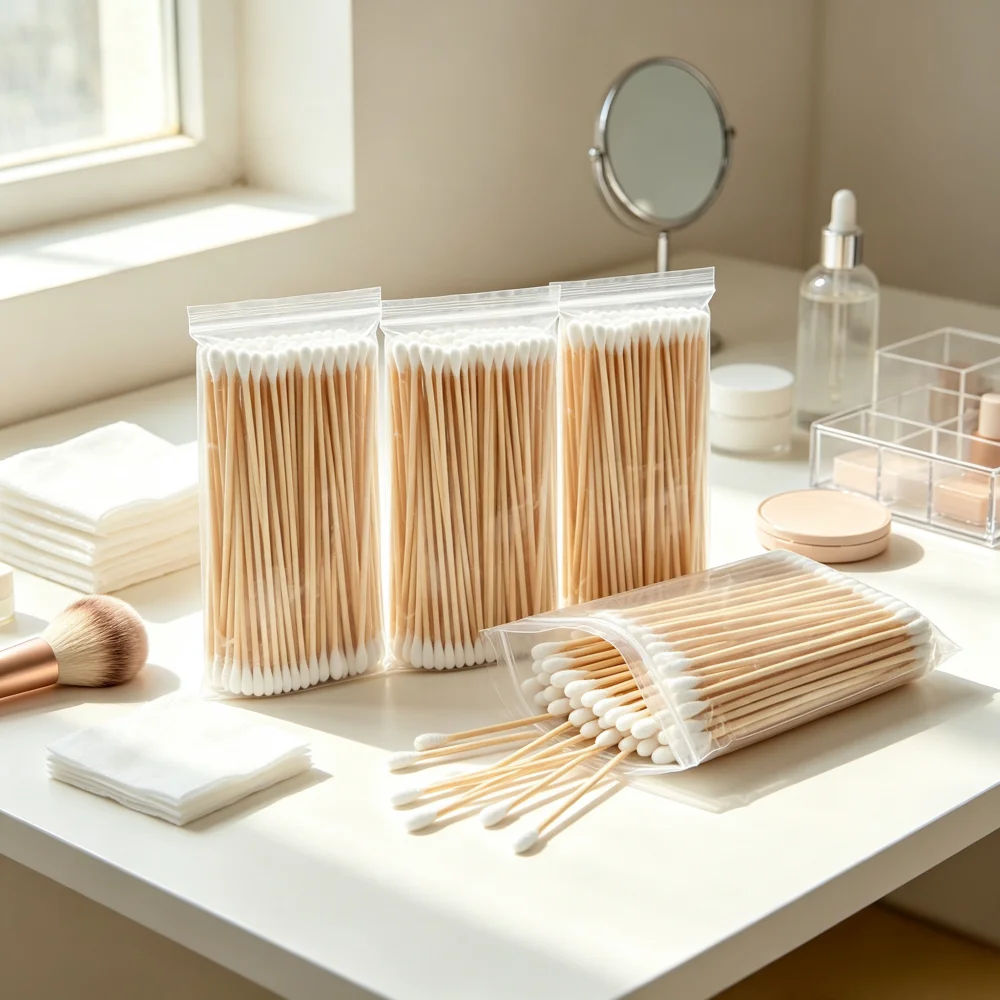 15cm Long Bamboo Cotton Swabs, Double Round Tips Cotton Buds, Disposable Cleaning Sticks for Ear Care, Makeup, Wound & Household