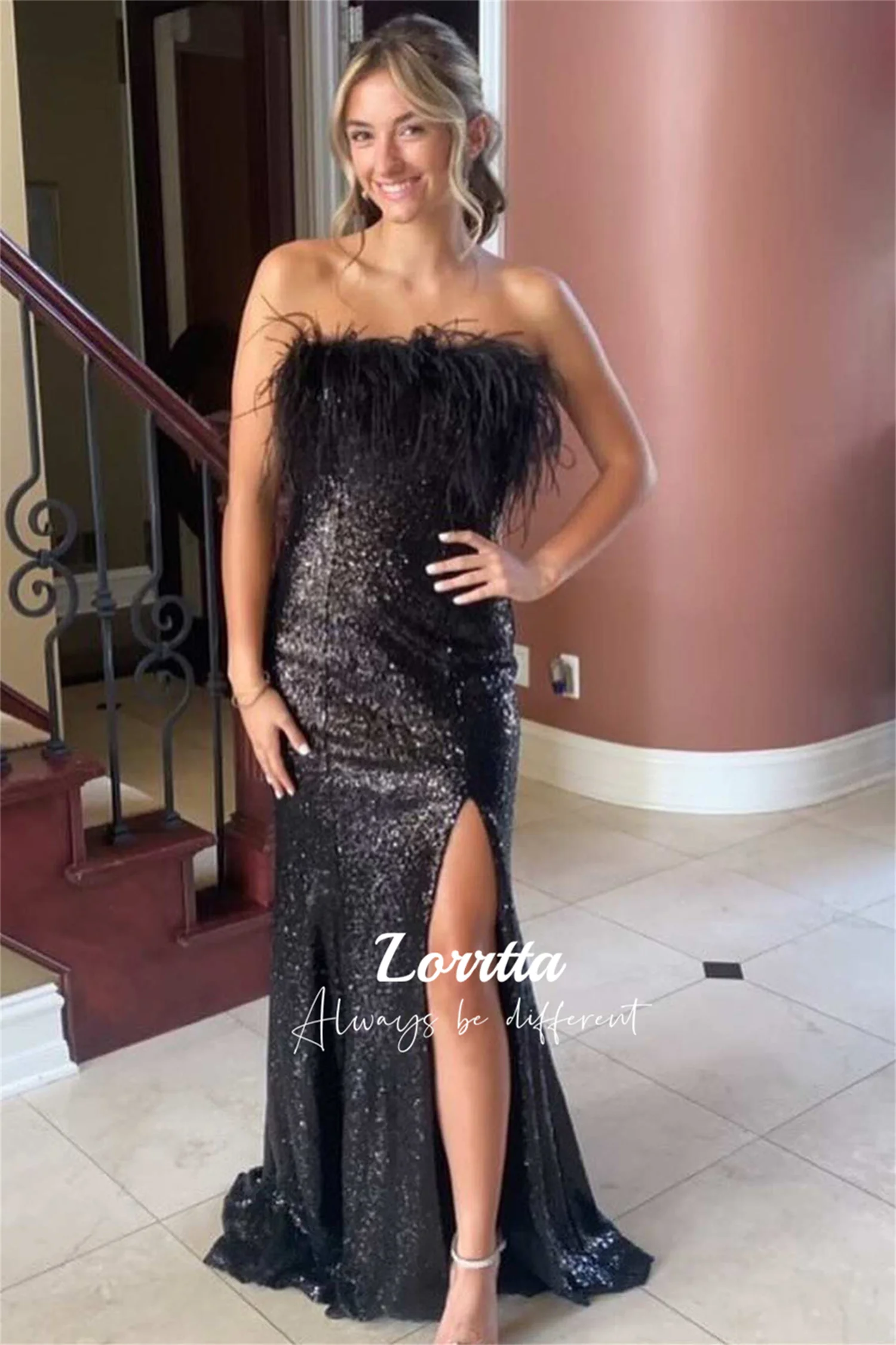 Lorrtta Pink Sequin Feather Beach Fishtail Side Slit Evening Dress Prom Dresses Women's Ball Gown Special Occasion Weddings