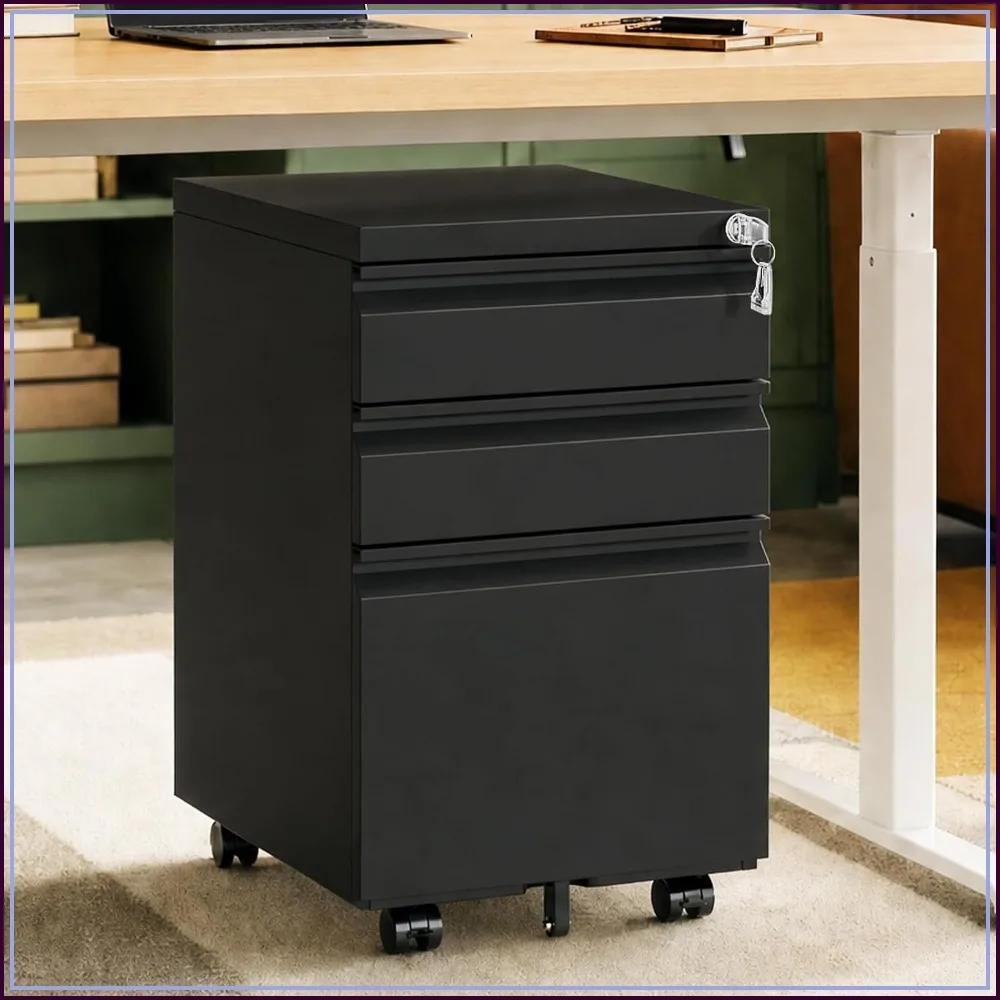 3 Drawer File Cabinet with Lock and Casters, Black
