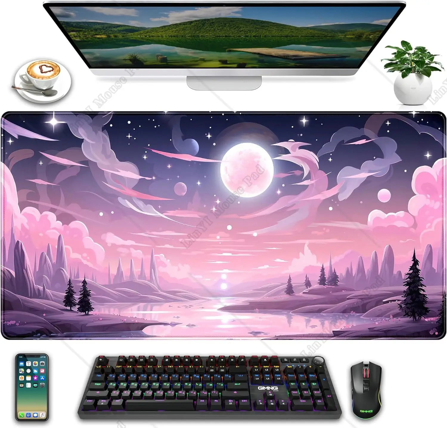 Pink Purple Kawaii Clouds and Forest Gaming Mouse Pad XL Large Extended Anime Mousepad 31.5x11.8 in Women Girl Office Desk Decor