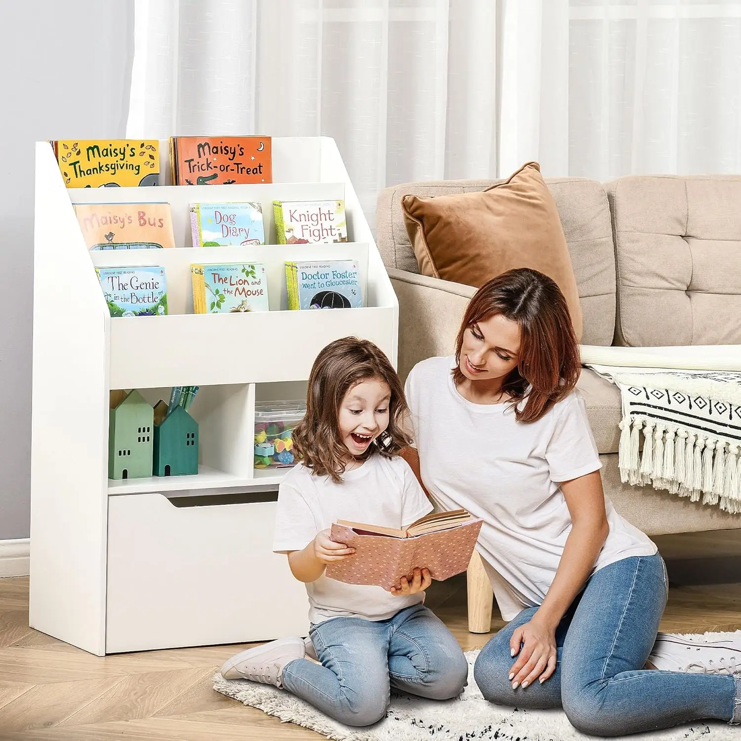 Kids Bookcase Multi-Shelf Rack Organizer with Storage Drawer for Books, Playroom, White