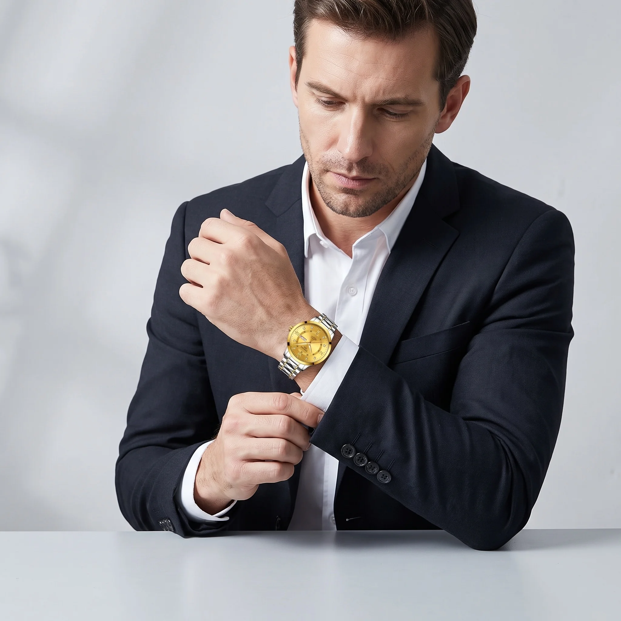 Men's quartz watch with a two-tone stainless steel bracelet, a luxurious large gold dial, and day and date displays,