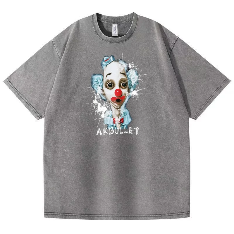

In the summer of 2025, the new clown printed round neck tide brand men and women loose shoulder cotton made old T-shirts.