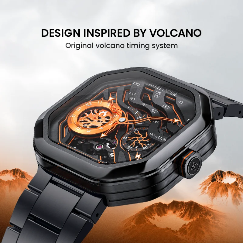 AGELOCER Original Volcano Watch Steel Strap Men's Square Luminous Skeleton Automatic Mechanical Watch Birthday Gift for Men