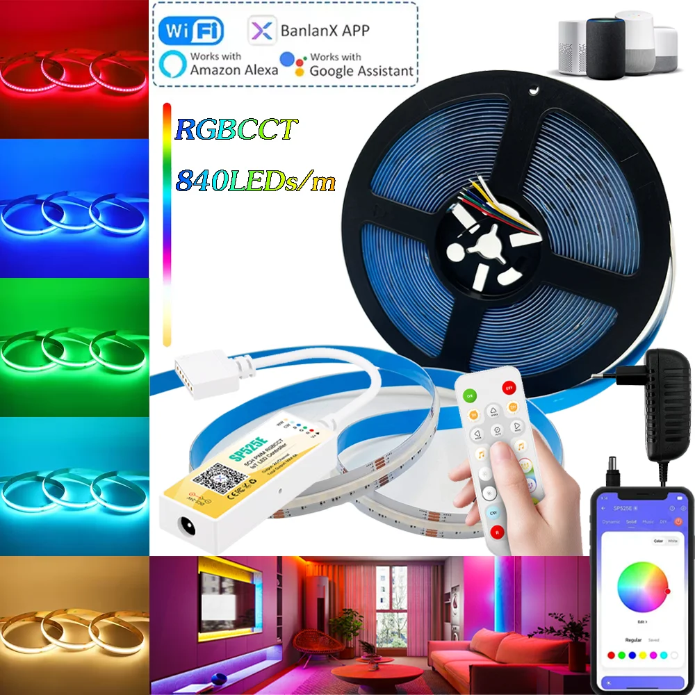 

WiFi Bluetooth DC24V RGBCCT COB LED Strip Light 840LEDs/m High Density Tape Dimmable BanlanX APP Remote Control for Alexa Google