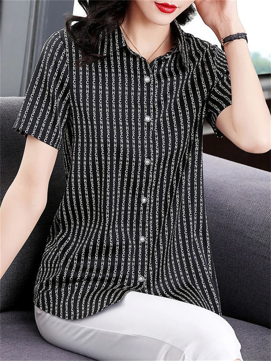 5XL Women Spring Summer Blouses Shirts Lady Fashion Casual Short Sleeve V-Neck Collar Letter Stripe Printing Blusas Tops TT2432