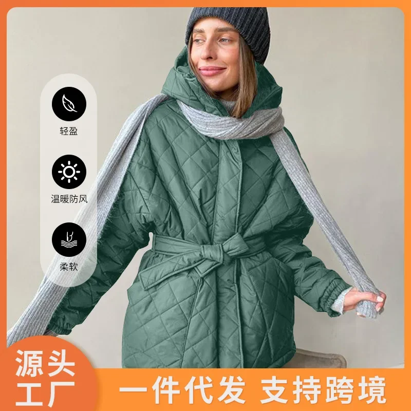 2023 Winter Fashion European Women Cotton Coat Hooded Slim Fit Strap Thick Warm Parkas Mid Length Women Snow Wear Overcoa