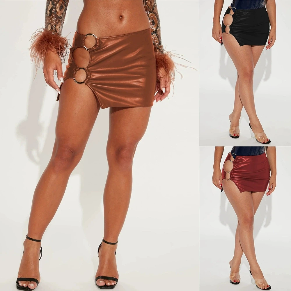 

Black Pu Leather Women High-Waist Slimming Anti-light Wrap Hip Skirt PU Leather Metal Ring Sexy Mini Skirt Split For Women