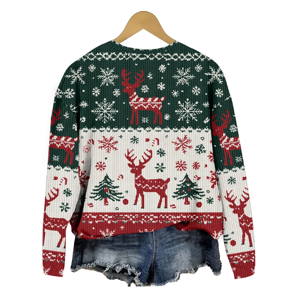 Women's and Girl's Warm and Fashionable  Sweaters Cozy Long Sleeve Pullovers with Christmas Milu Deer  Print