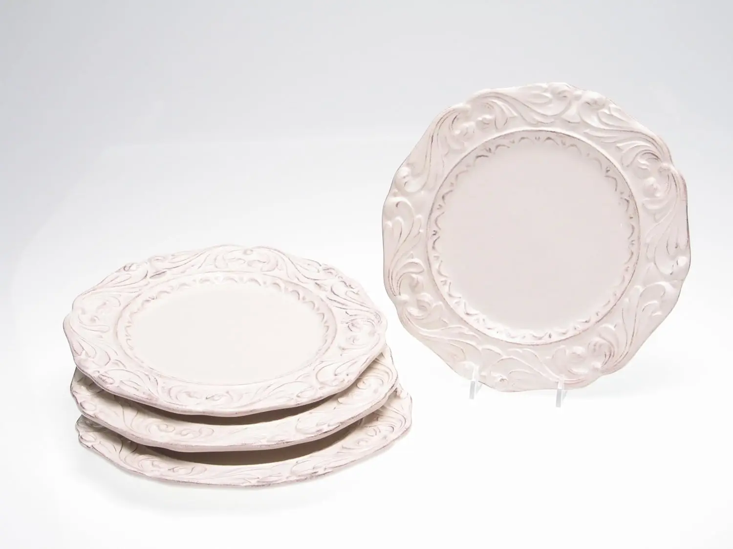 

Firenze Ivory Set of 4 Ceramic Dessert Plates – 9.5" Elegant White Plates with Embossed Scroll Detail – Vintage-Inspired Tablewa