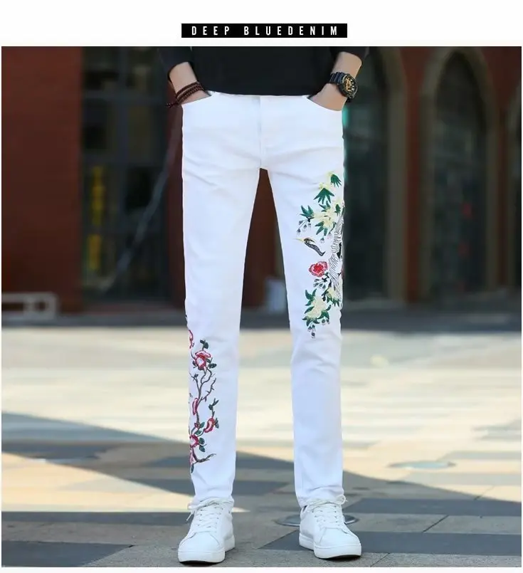 Denim Pants Men's Crane Embroidery White Denim Pants Washed Decor Casual Jeans Classic Slim-fit Style Long Trousers Male Clothin