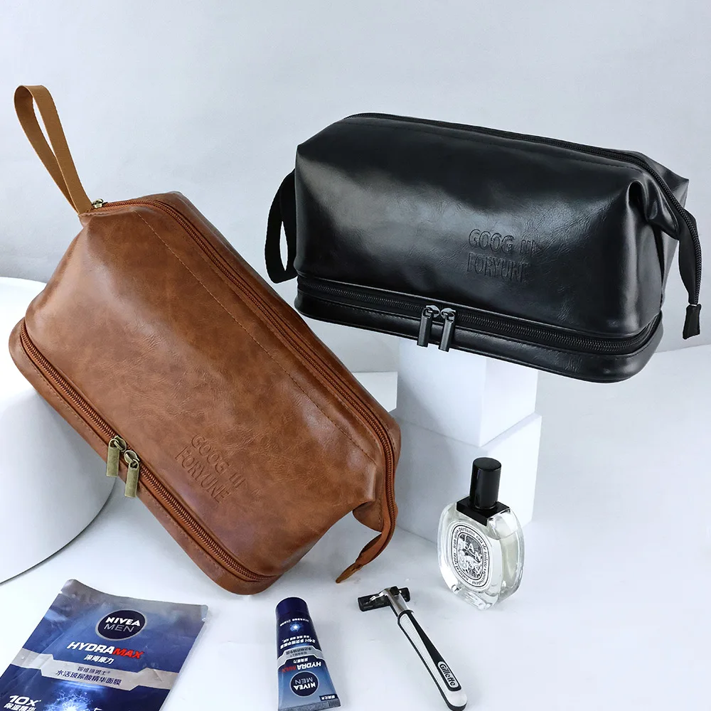 Men Business Travel Wash Toiletry Bag Waterproof PU Leather Bathroom Shaving Tools Organizer Bag Makeup Pouch Women Cosmetic Bag