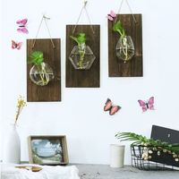 Wall Hanging Wall Mount Glass Vase Creative Small Fish Tank Hydroponic Container Transparent Vase Solid Wood Plant Flower Pots