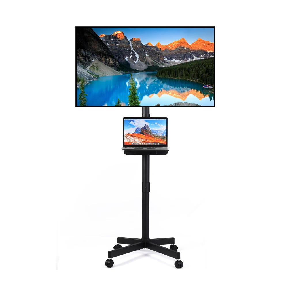 Mobile TV Stand on Wheels, Height & Tilt Adjustable, with Media Shelf for 23-60