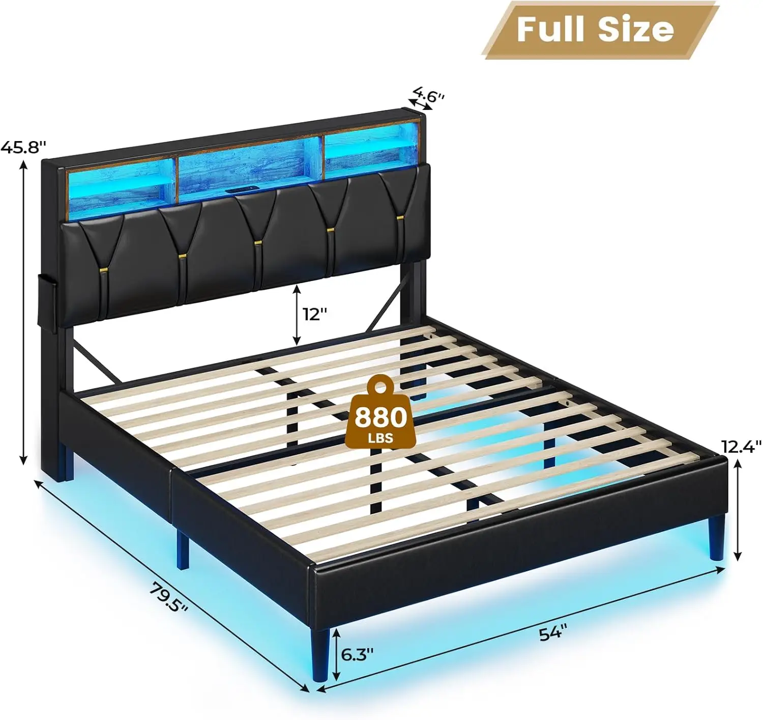 Couro artificial Almofada Cama, Equipado com Luzes LED e Estação de Carregamento, Arrecadação com Cabeceira, Preto PU