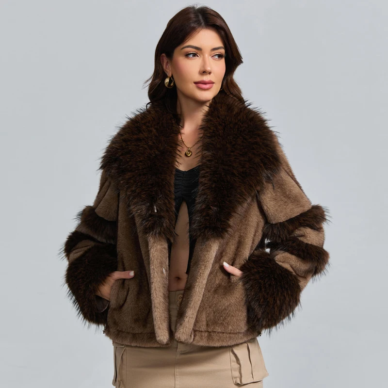 New Faux Mink Coat Women's Slim Casual Luxury Winter thick warm Short Woven Windproof Faux Mink Coat Fur Trim Factory Wholesale
