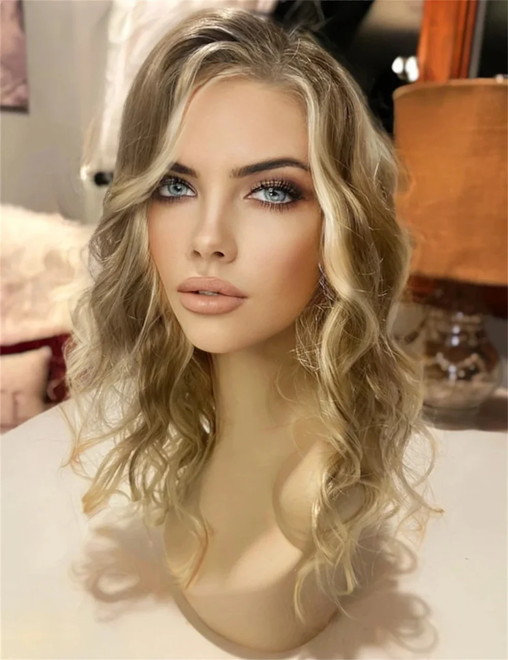 Blonde Rooted Futura Fibre Premium Wig Medium Light Blonde Highlighted Wig Heat Friendly Curly Wave Shoulder Length Glueless Wig