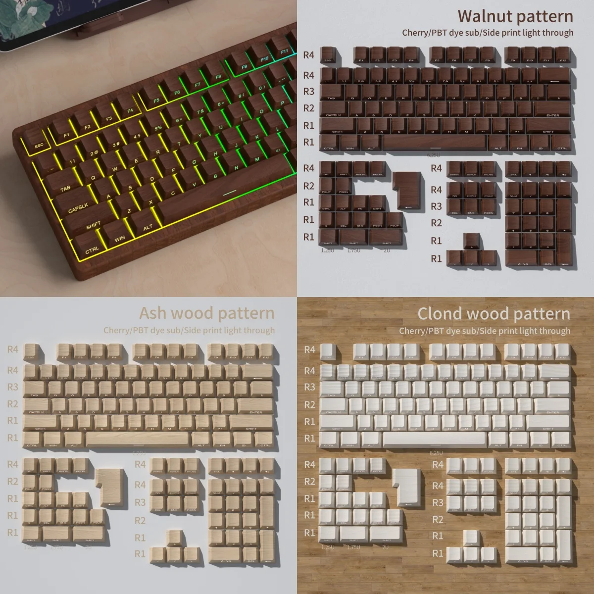 Side Print Light Through PBT Keycaps For ISO Mechanical Keyboard Gaming Wood Pattern Dye Sublimation Keycap Backlit Keyboard