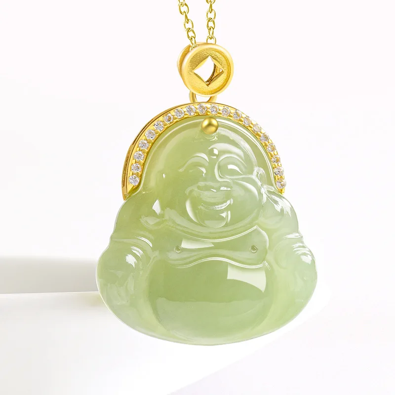 Natural Hetian Green Jade Laughing Buddha Pendant With S925 Silver Inlay, Fashionable Women'S Style