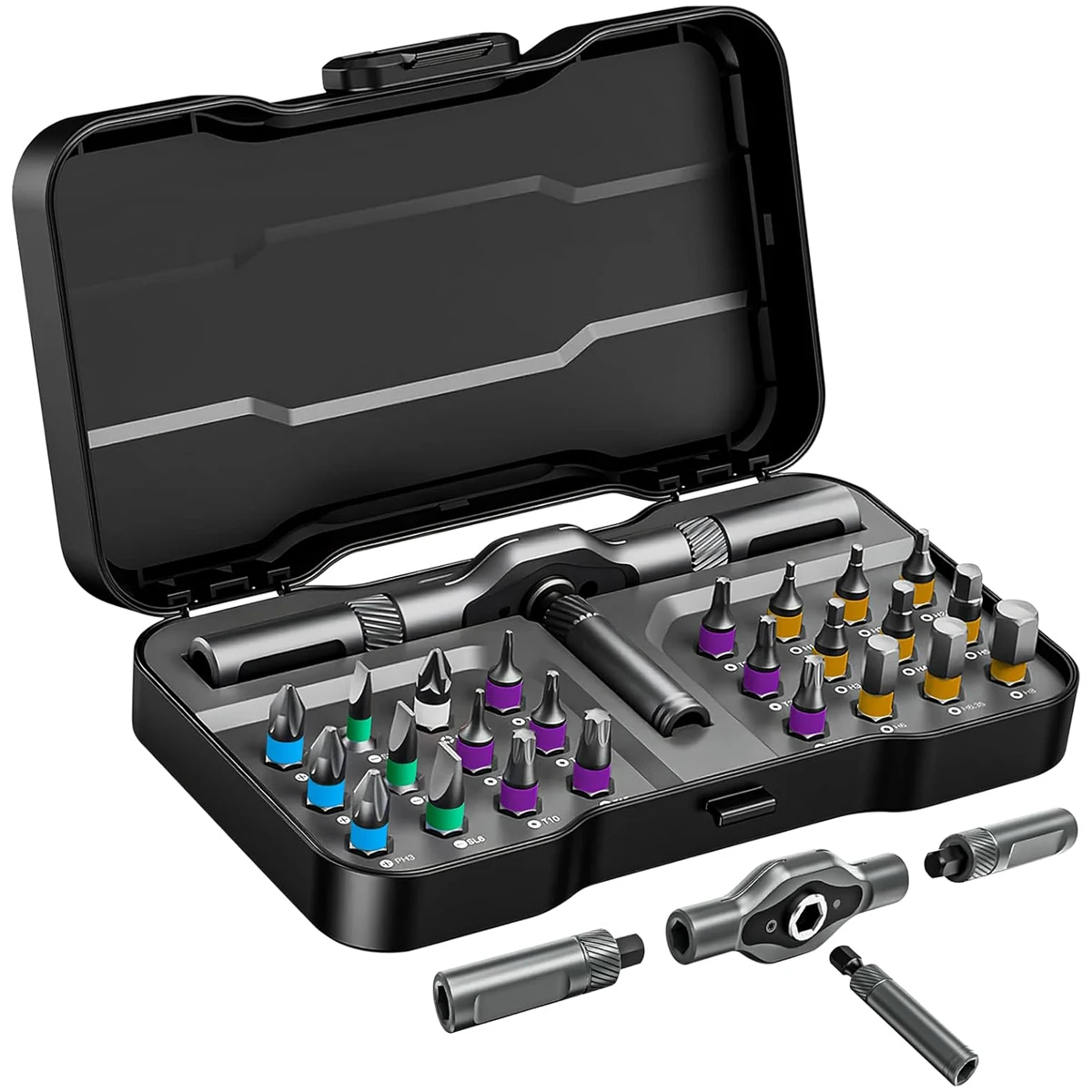 24ピースドライバーセット-—-アルミニウム合金＆スチール製磁気ビット、省エネラチェットハンドル-—-家庭修理用