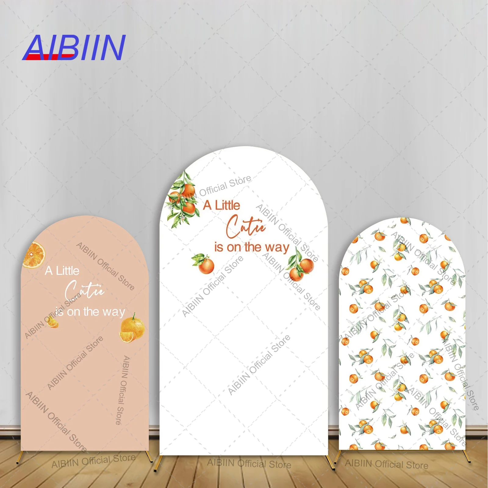 Una pequeña Cutie está en el camino arco telón de fondo cubierta naranja Kumquat hojas verdes niños Baby Shower fiesta decoración fondo