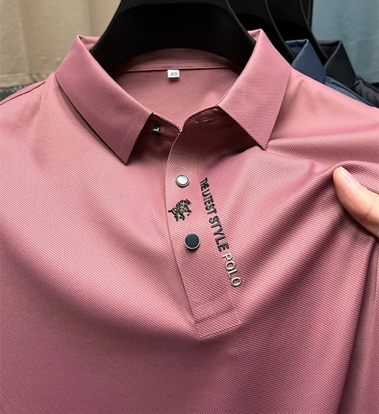 Luxury brand embroidered short sleeve T-shirt men\'s lapel 2024 new summer ice silk seamless breathable golf casual POLO shirt