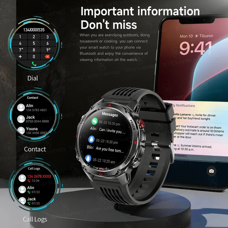 Militärische Outdoor-Sport GPS-Smartwatch-LED-Taschenlampe, 540-mAh-Akku, 3ATM wasserdichter Kompass, Bluetooth-Anruf für Android iOS