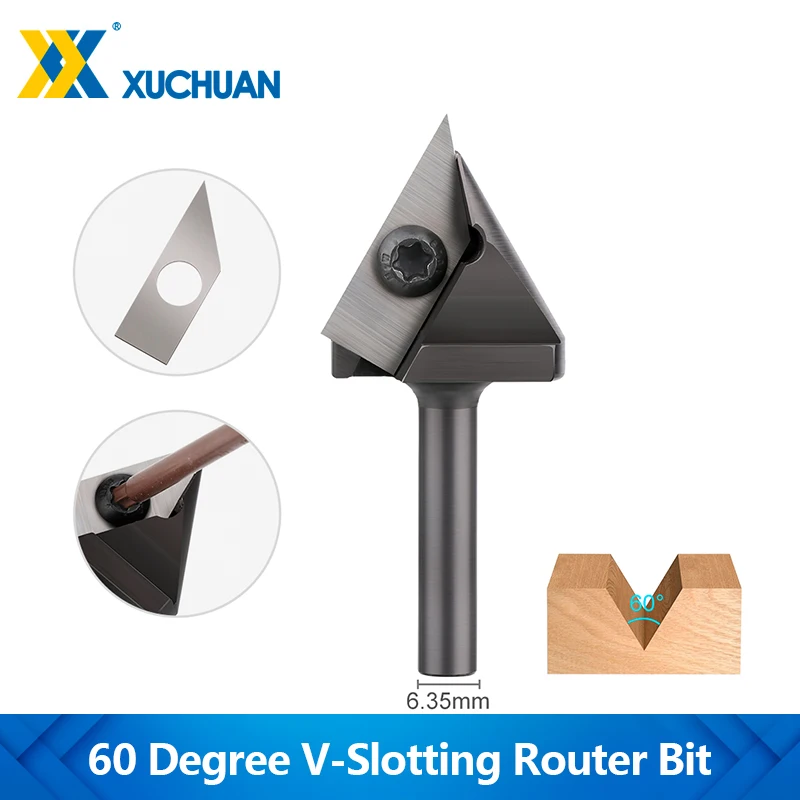 6.35mm Shank V-Groove Slotting Router Bit 60 Degree Spoilboard Surfacing Router Bit with Insert Chamfering 3D Engraving Cutter