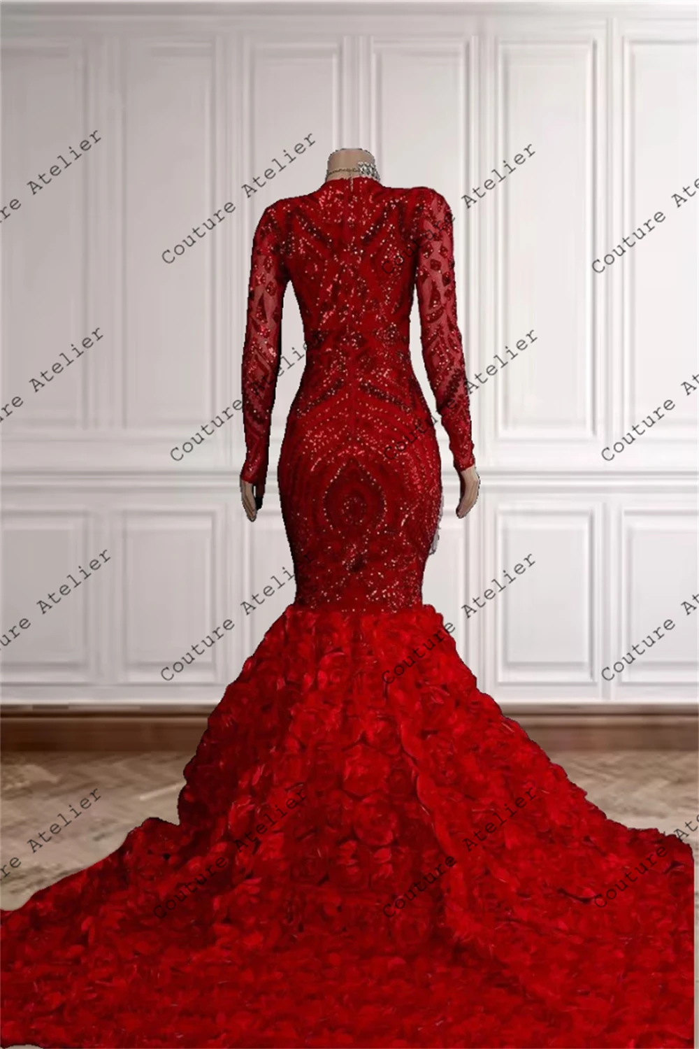 Vestido de fiesta de manga larga de encaje con lentejuelas y cola de flores rojas, vestido de novia negro de lujo con cuello en V para fiesta de cumpleaños, personalizado en África