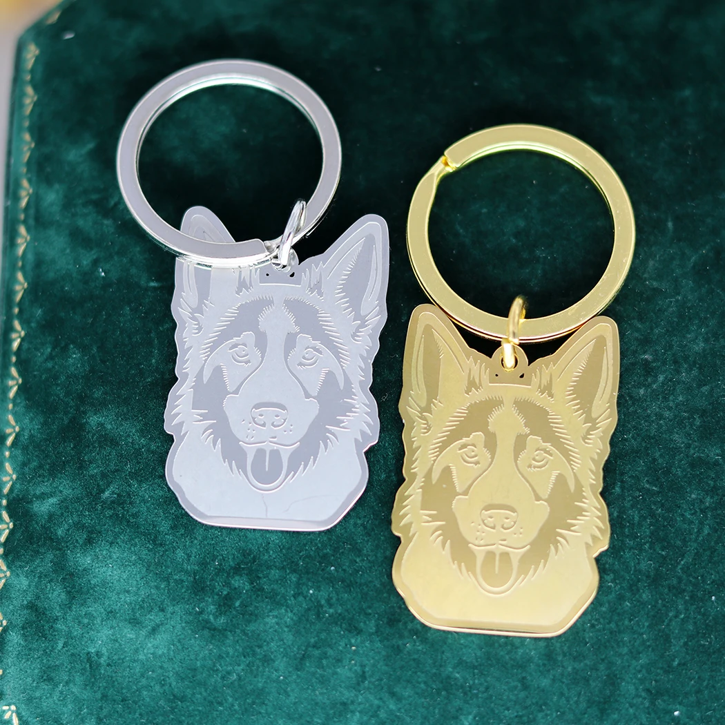 Trendy Gold Plated German Shepherd Dog Keychain for Women Men Jewelry Pet Lucky Charms Kids Gifts Stainless Steel Accessories