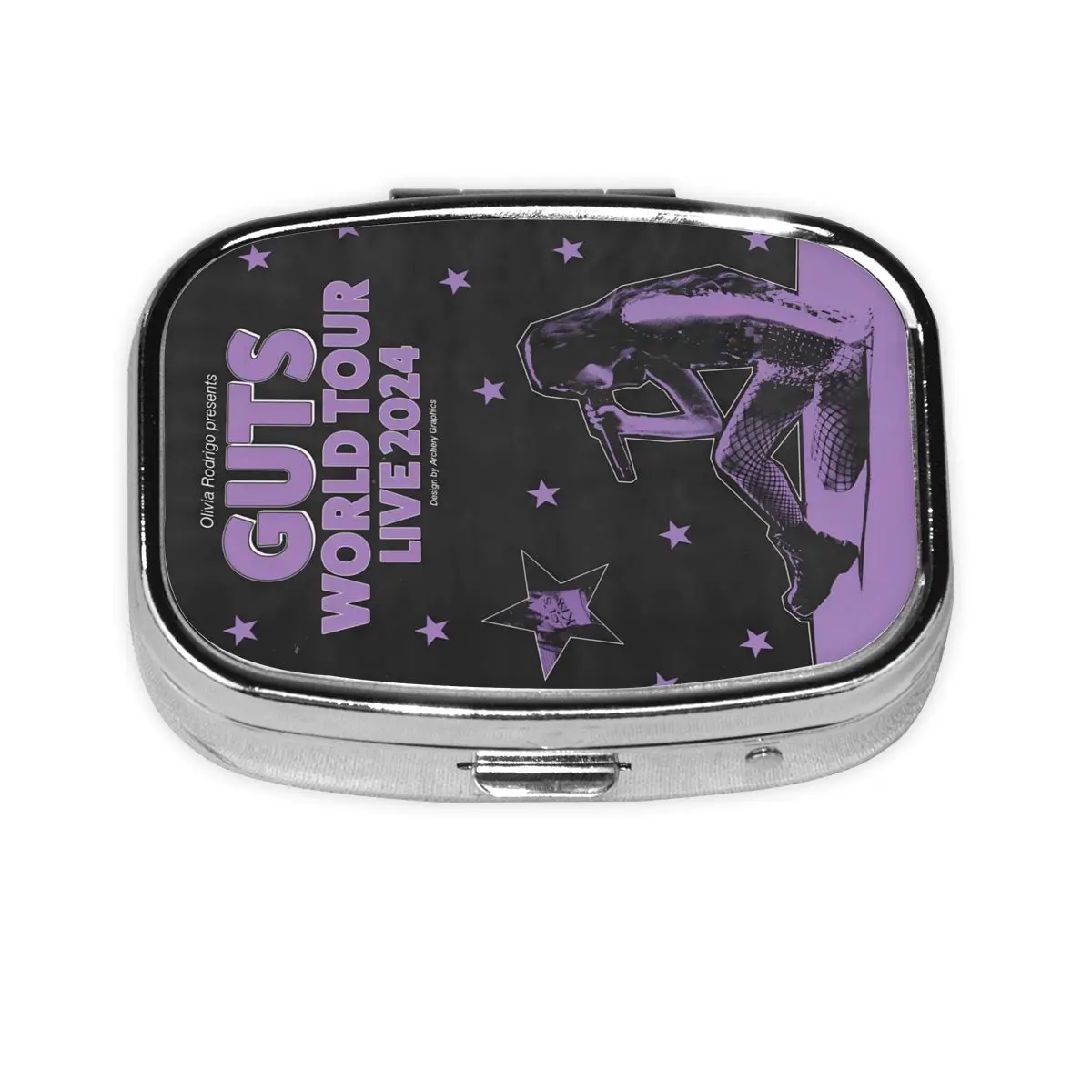 

O-Olivias Guts World Tour Metal Pill Box Compact POP Singer Creative Print 2-Compartment Square Pill Case Container for Purse