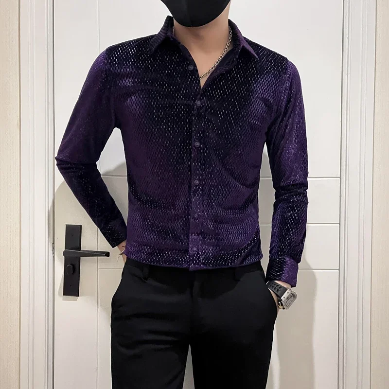 High-end Shiny Silver Wire Men Velvet Shirts Autumn Winter Luxury Korean Slim Men\'s Shirt Nightclub Prom Wear Elegant Tops Man