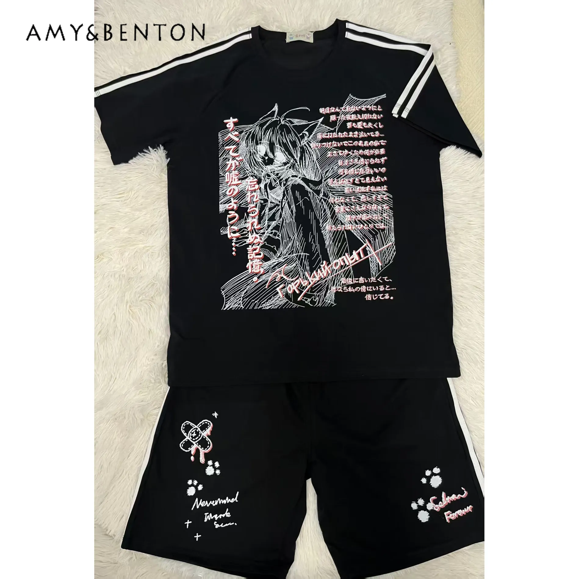 

Subculture Two-dimensional Animation Printed Short-sleeved Top Elastic Waist Shorts Two Piece Set Goth Hot Girl Y2K Casual Suit