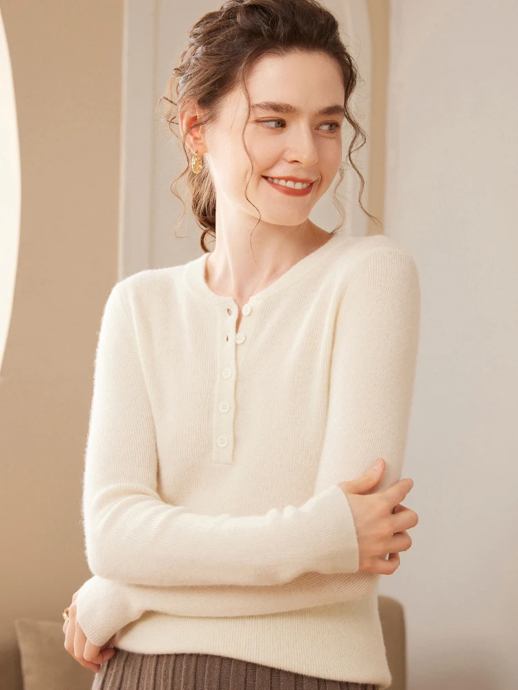 Classic Henry Collar Pullover Sweater Women's 100% Cashmere Knitwear Autumn Winter Slim Simple Long Sleeve Basic Clothing Tops