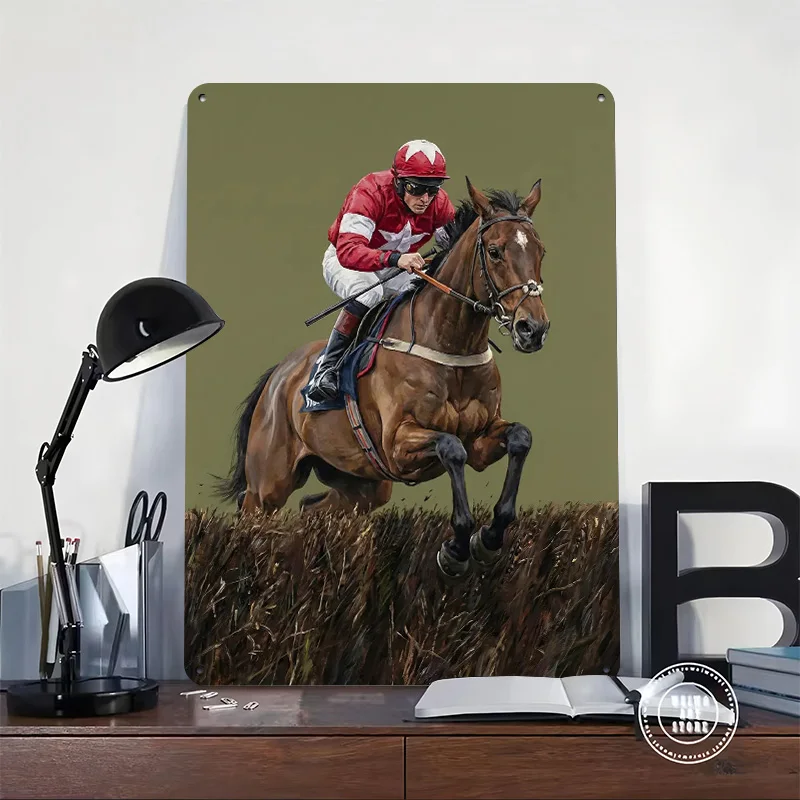 Jockey and Horse Jumping Fence Personalized 3D Textured Metal Poster Wall Art Vintage Tin Signs for Home Decoration Gaming House